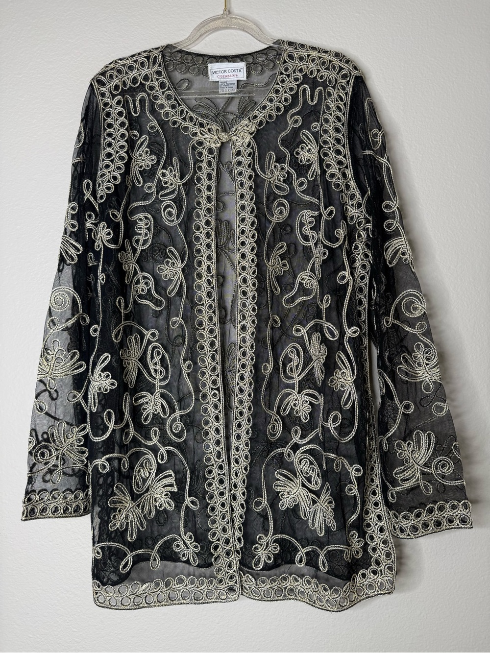 Victor Costa Occasion Black Sheer Embroidered Jacket Ivory & Gold  Accents Lg